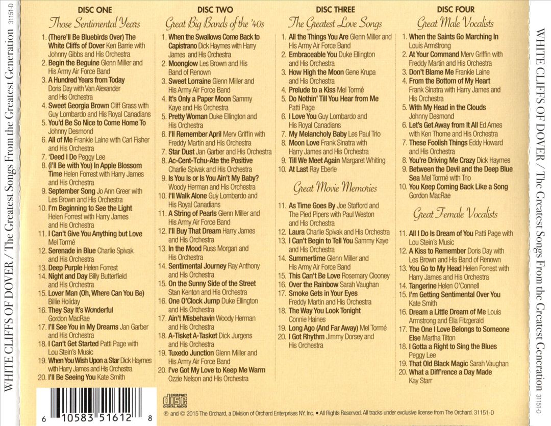 Readers Digest Music: White Cliffs of Dover: The Greatest Songs From The Greatest Generation the '40s cover art