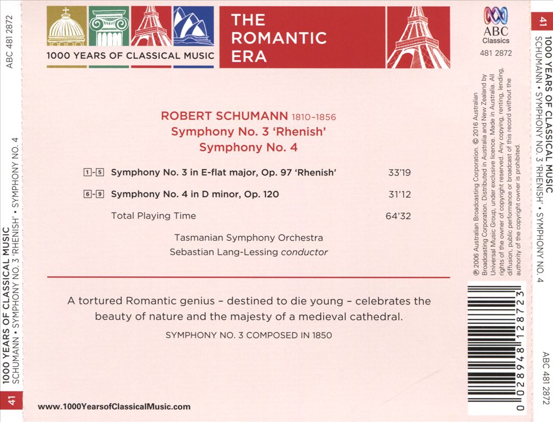 1000 Years of Classical Music, Vol. 41: The Romantic Era - Schumann: Symphony No. 3 "Rhenish"; Symphony No. 4 cover art