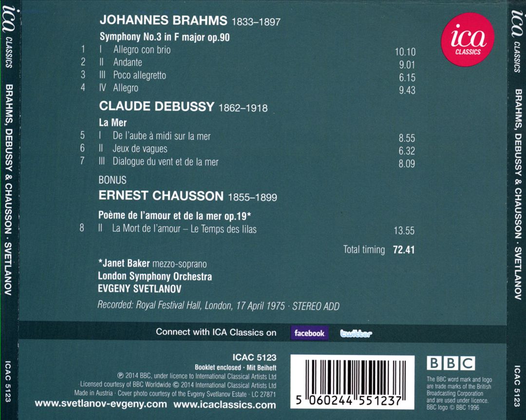 Brahms: Symphony No. 3; Debussy: La Mer; Chausson: La Mort de l'amour cover art