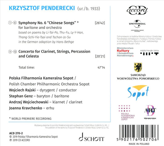 Penderecki: Symphony No. 6 'Chinese Songs'; Concerto per clarinetto cover art