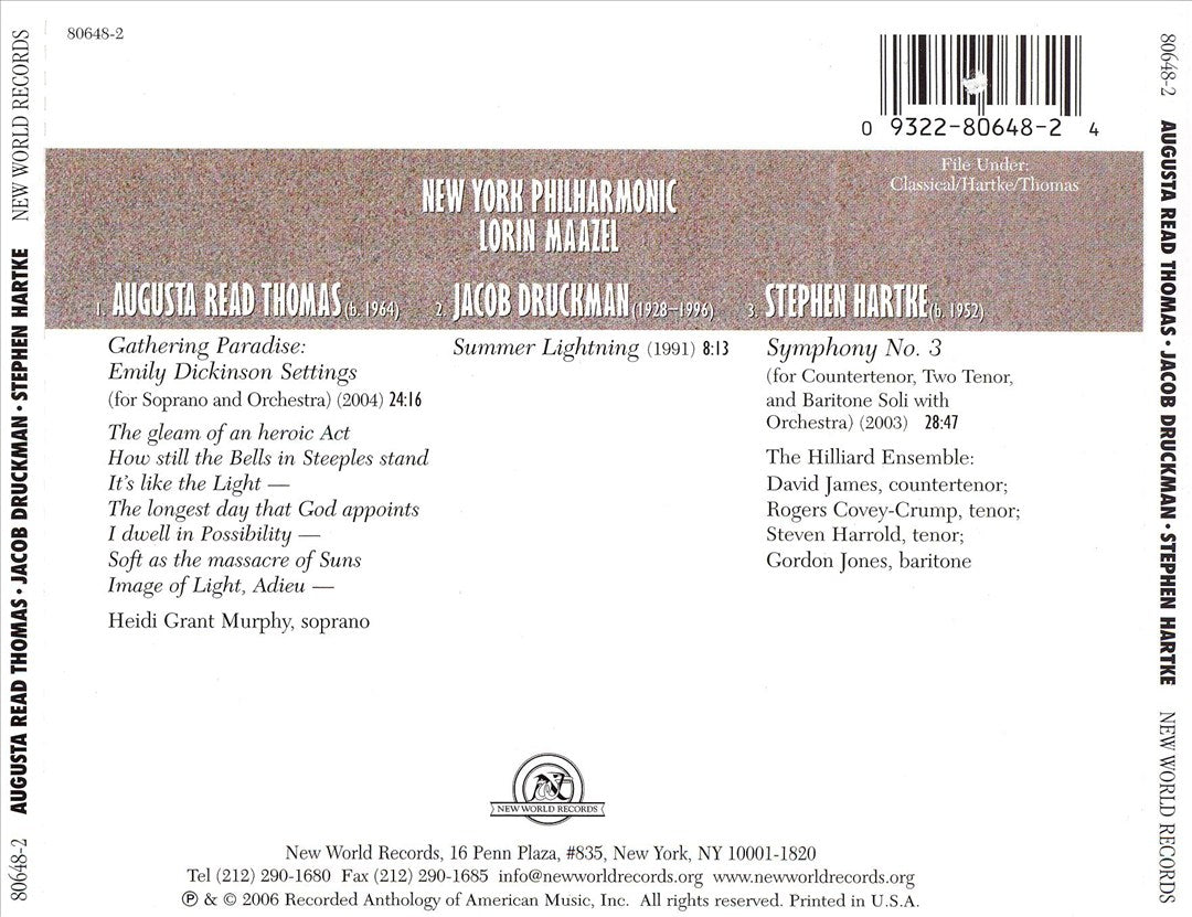 Stephen Hartke: Symphony No. 3; Augusta Read Thomas: Gathering Paradise; Jacob Druckman: Summer Lightning cover art