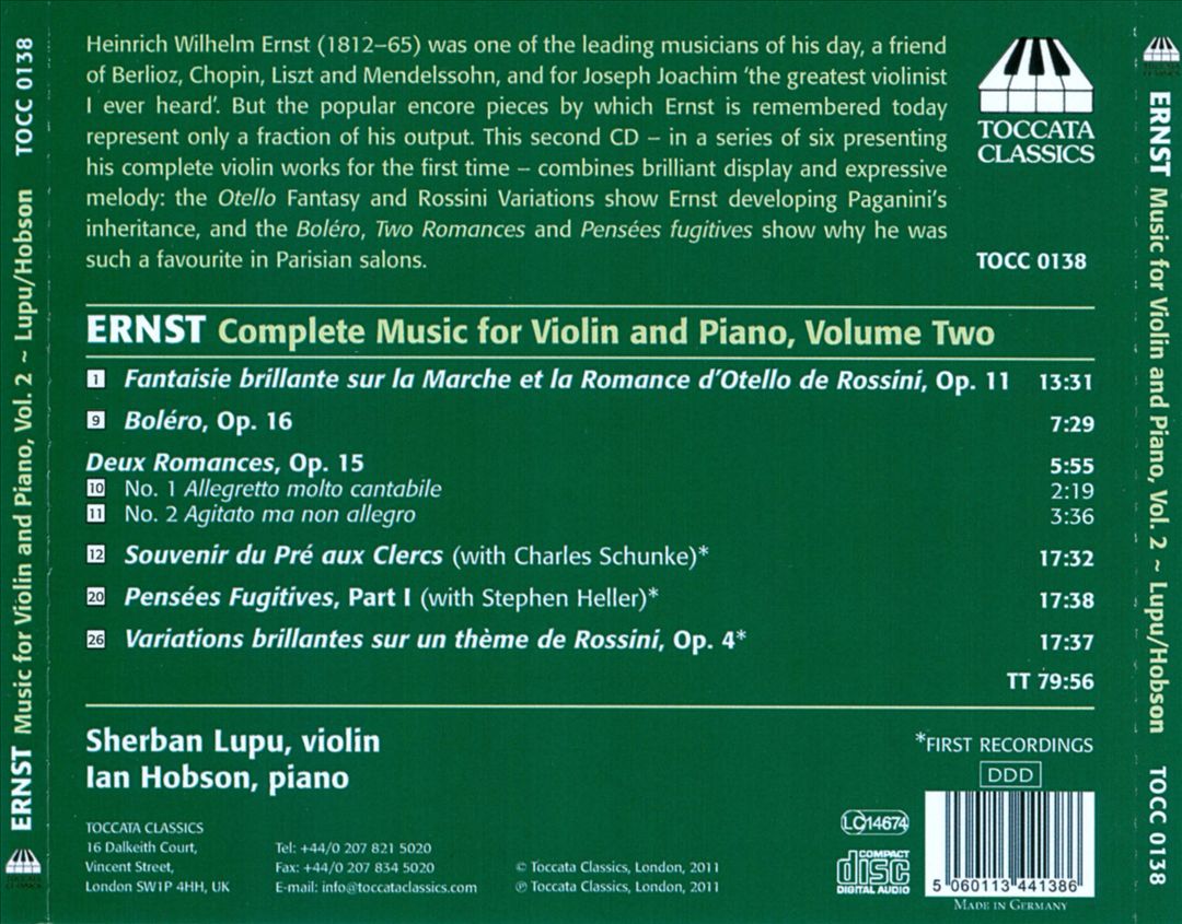 Heinrich Wilhelm Ernst: Complete Music for Violin and Piano, Vol. 2 cover art