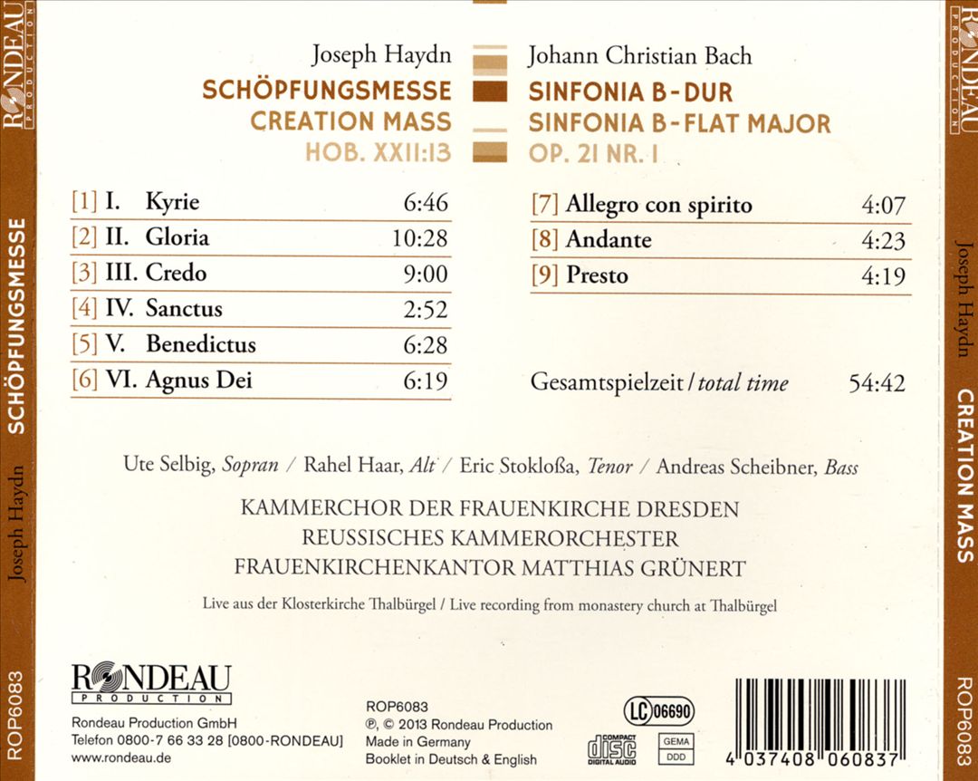 Joseph Haydn: Schöpfungsmesse; Johann Christian Bach: Sinfonia B-Dur cover art