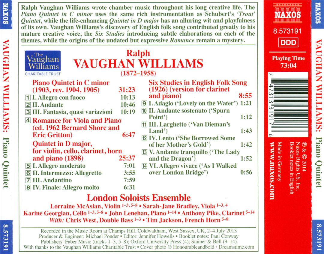 Vaughan Williams: Piano Quintet; Quintet in D major; Six Studies in English Folk Song; Romance for Viola and Piano cover art