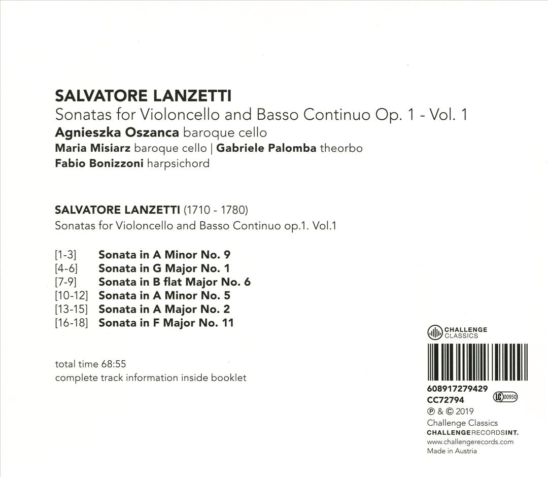 Lanzetti: Sonatas for Violoncello Solo and Basso Continuo Op. 1 (Vol. 1) cover art