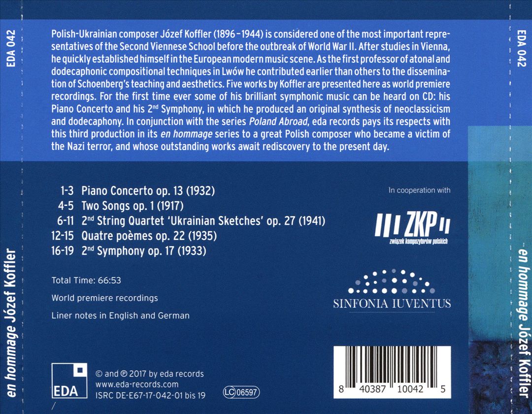 En hommage Józef Koffler: Piano Concerto; 2nd Symphony; Two Songs; Quatre Poèmes; Ukrainian Sketches cover art