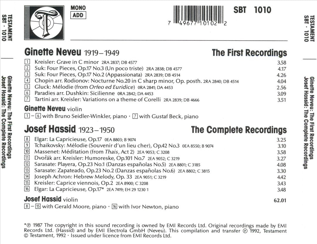 First Recordings of Ginette Neveu; The Complete Recordings of Josef Hassid cover art