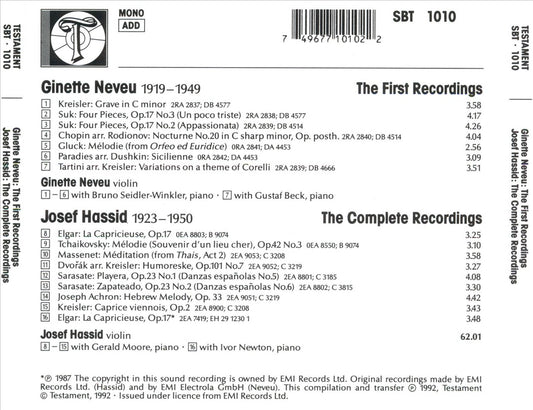 First Recordings of Ginette Neveu; The Complete Recordings of Josef Hassid cover art