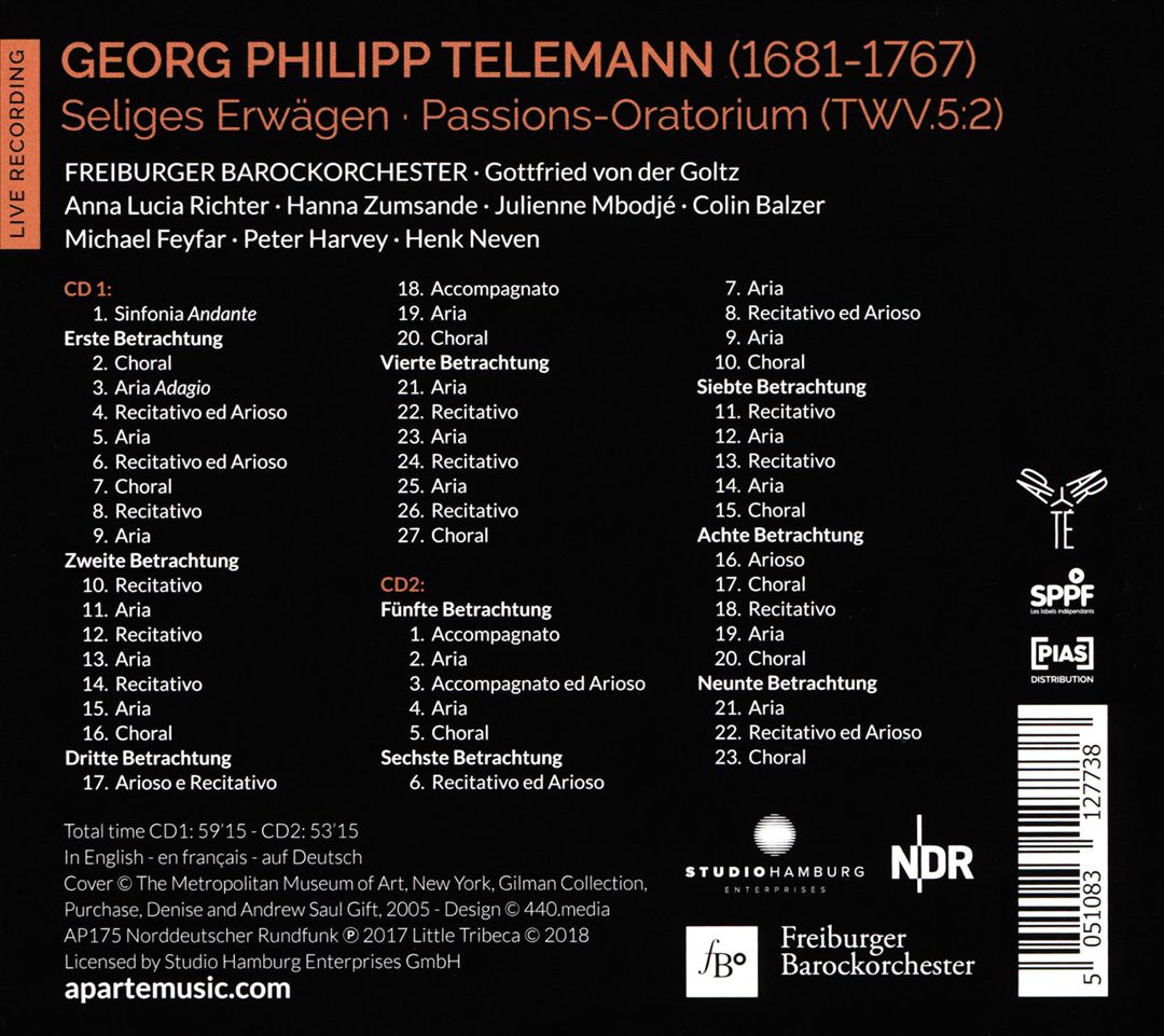 Telemann: Seliges Erwägen, Passions-Oratorium cover art