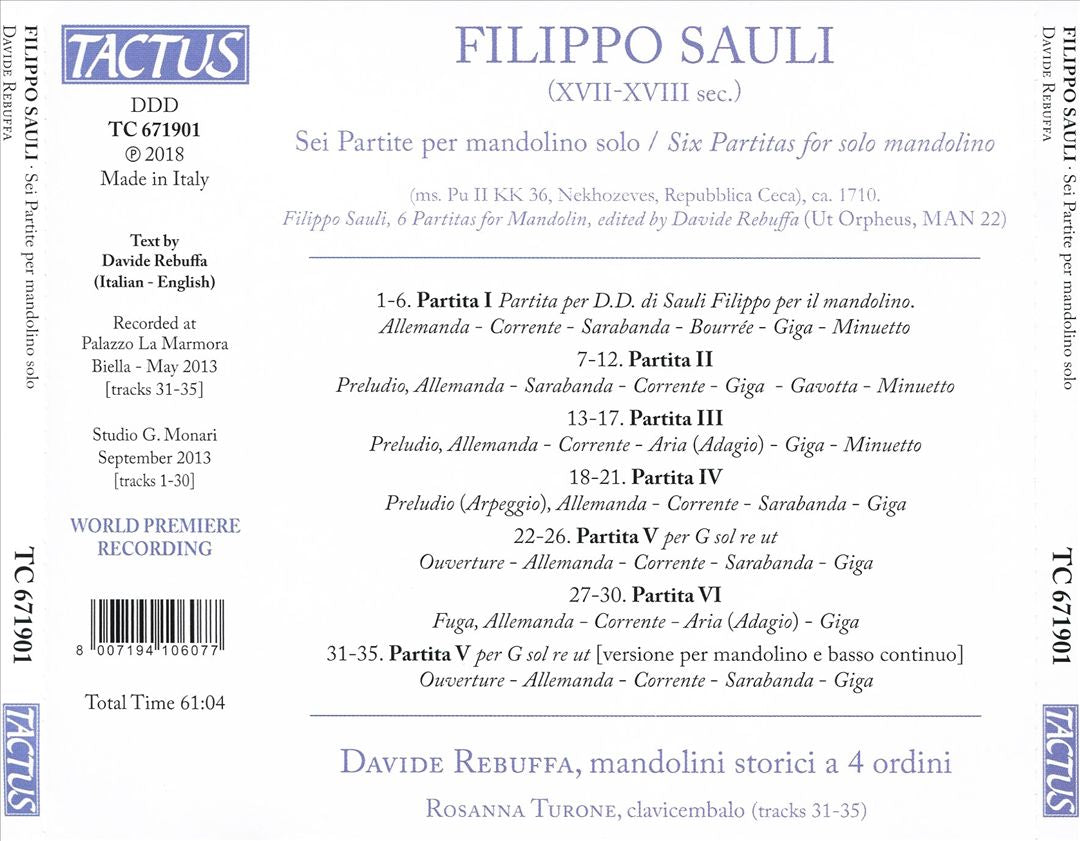 Filippo Sauli: Sei Partite per mandolino solo cover art