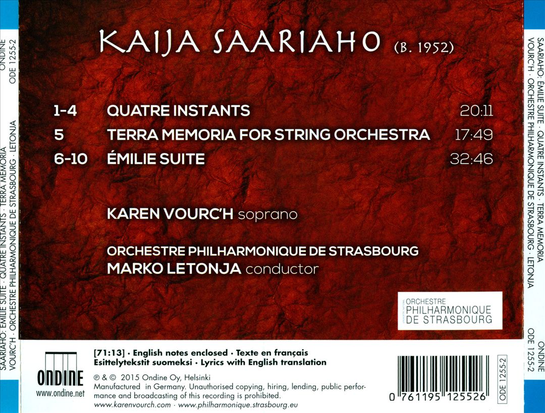 Kaija Saariaho: Émilie Suite; Quatre Instants; Terra Memoria cover art