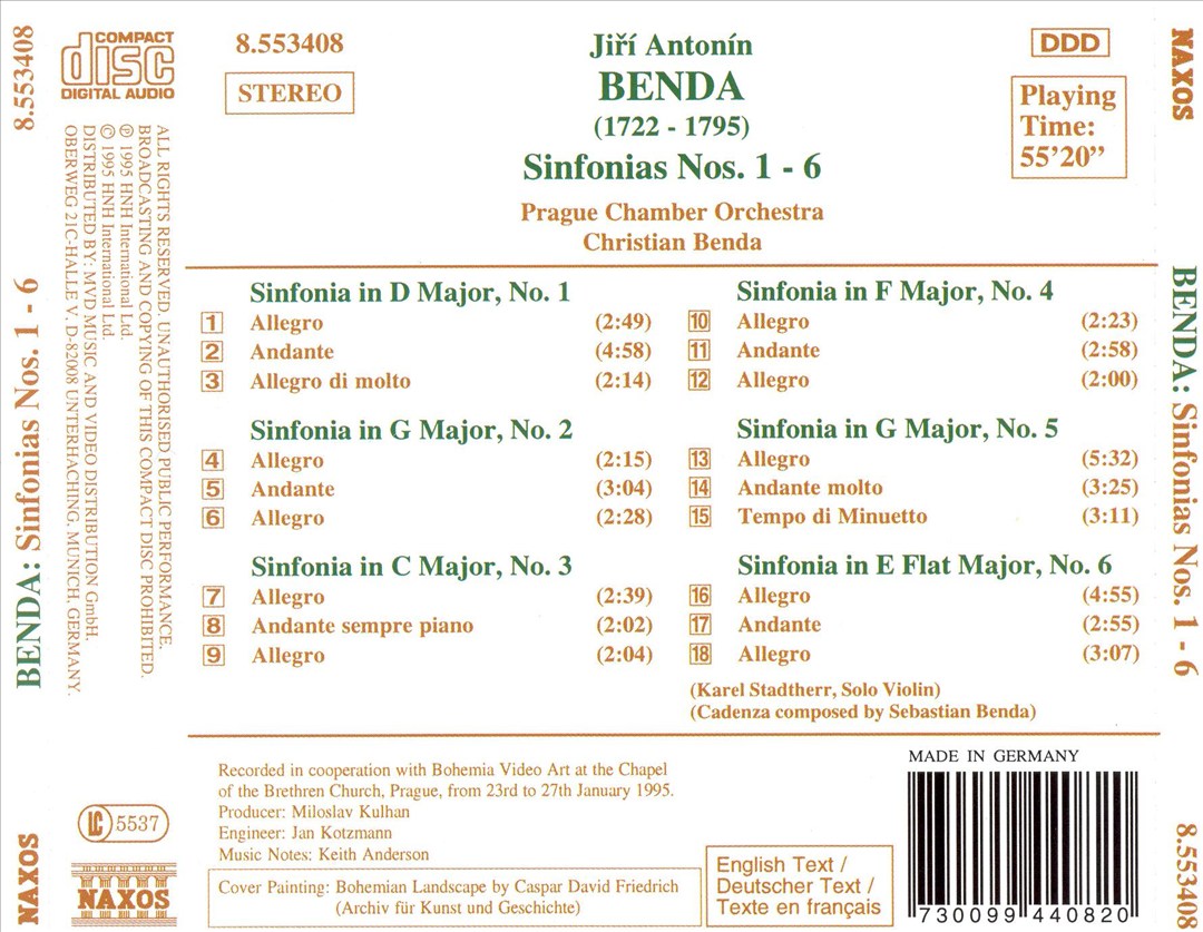 Jirí Antonín Benda: Sinfonias Nos. 1-6 cover art