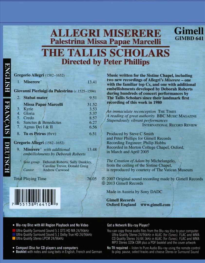 Allegri: Miserere; Palestrina: Missa Papae Marcelli cover art