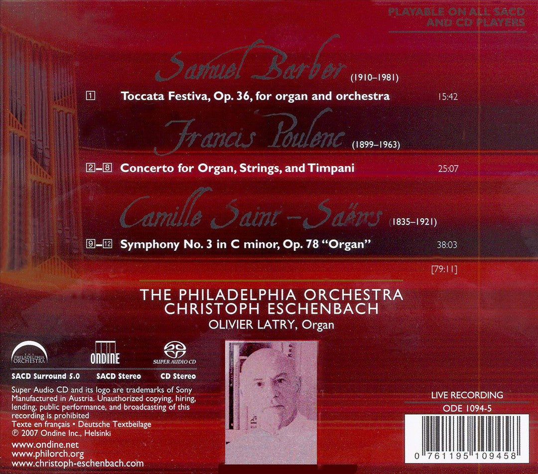 Saint-Saëns: Symphony No. 3; Poulenc: Organ Concerto; Barber: Toccata Festiva cover art