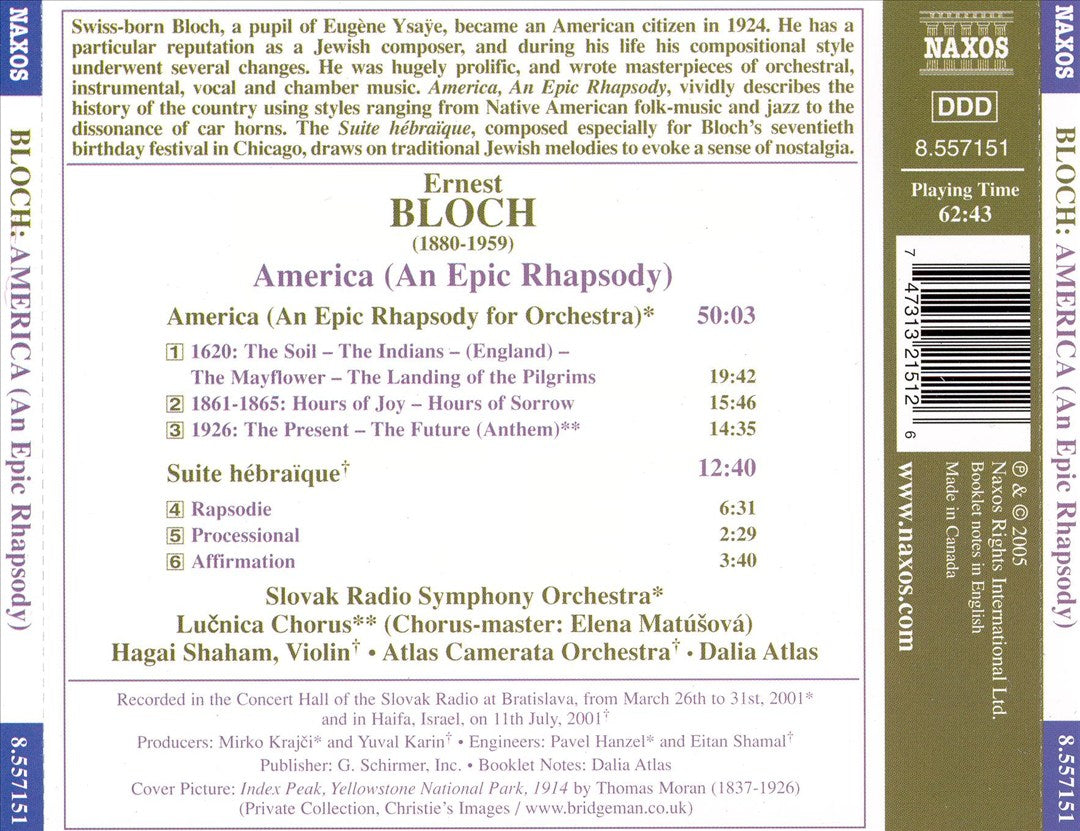 Ernest Bloch: America (An Epic Rhapsody); Suite hébraïque cover art