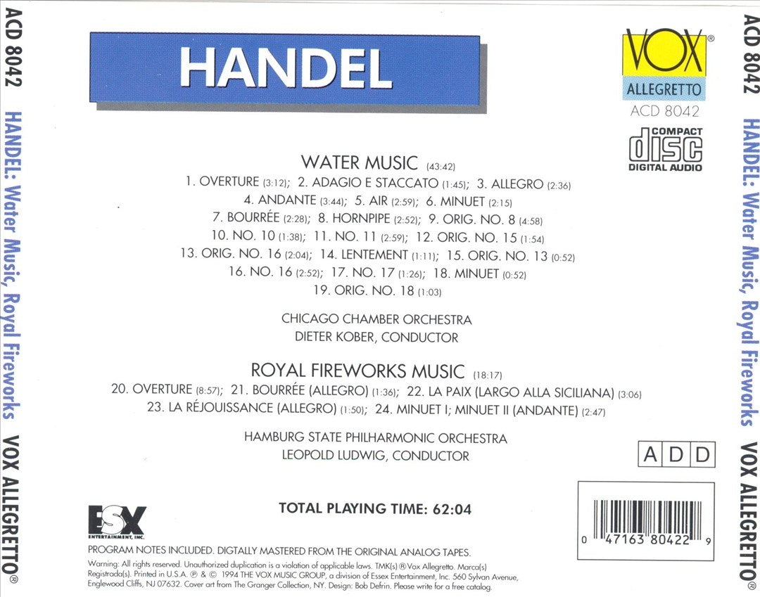 Handel: Water Music; Royal Fireworks Music cover art