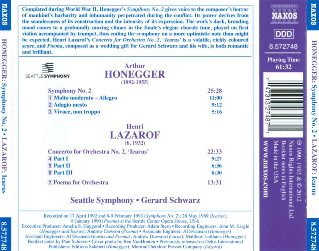 Arthur Honegger: Symphony No. 2; Henri Lazarof: Concerto for Orchestra No. 2 'Icarus' cover art
