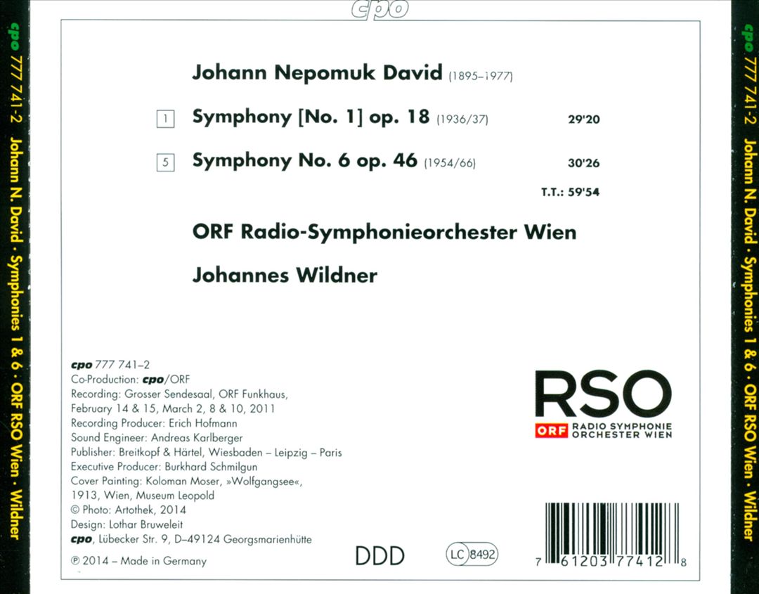 Johann Nepomuk David: Symphonies Nos. 1, 6 cover art