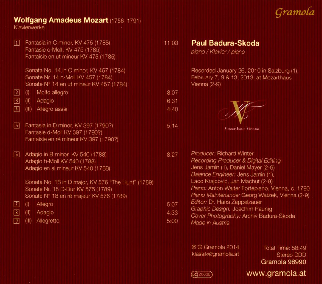 Mozart: Fantasie KV 475; Sonate KV 457; Fantasie KV 397; Adagio KV 540; Sonate KV 576 cover art