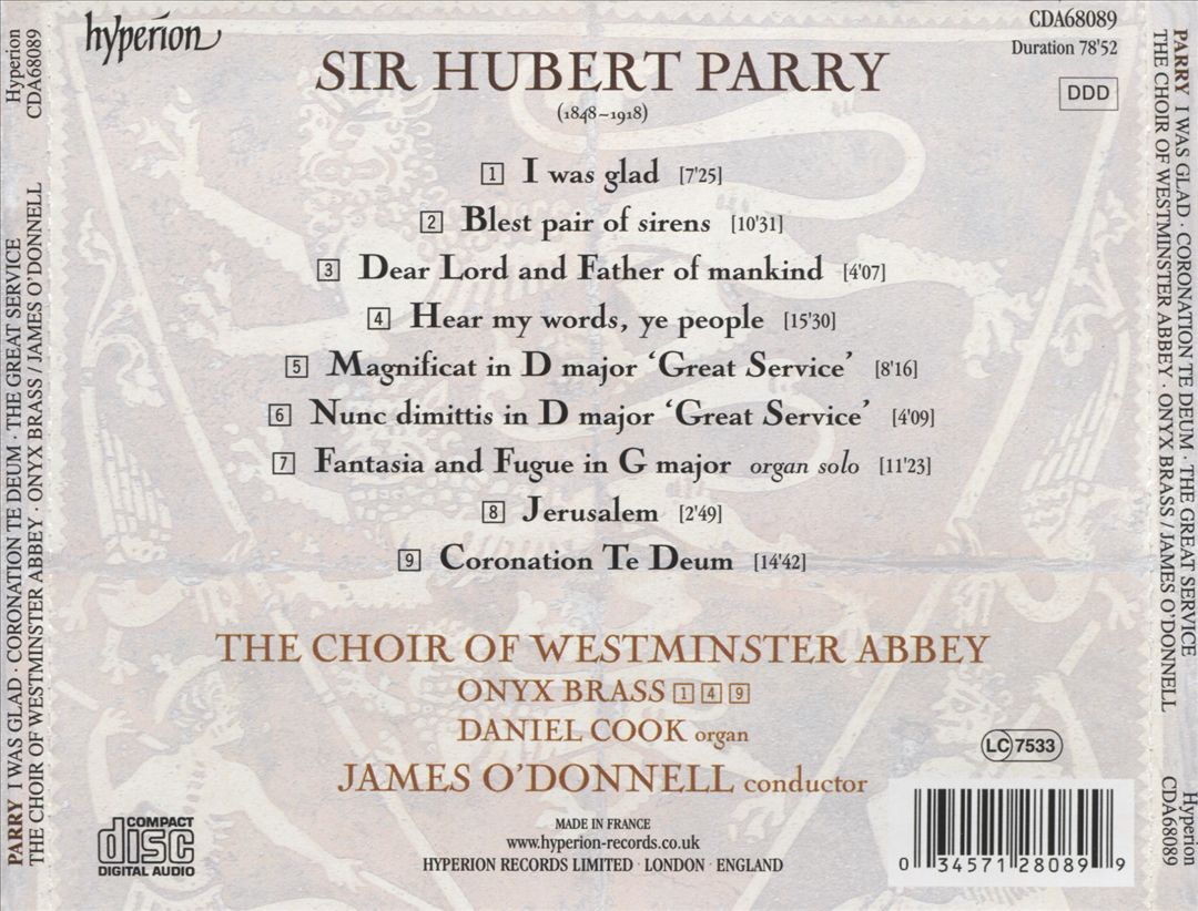 Parry: I Was Glad; Coronation Te Deum; The Great Service; Blest Pair of Sirens cover art