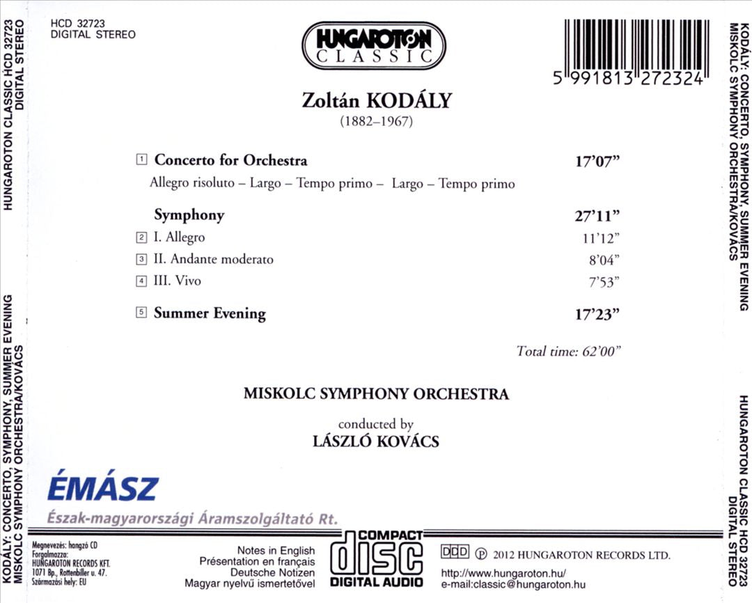 Kodály: Concerto for Orchestra; Symphony; Summer Evening cover art