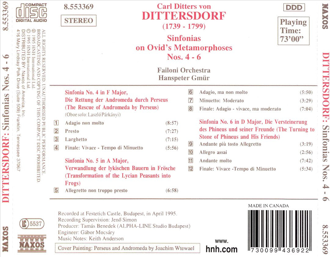 Carl Ditters von Dittersdorf: Sinfonias on Ovid's Metamorphoses Nos. 4 - 6 cover art