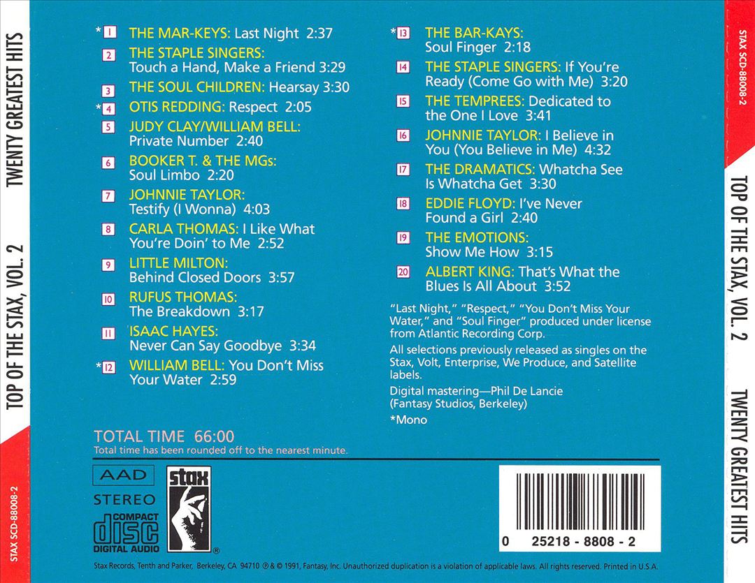 Stax: Top of the Stax, Vol. 2: Twenty Greatest Hits cover art