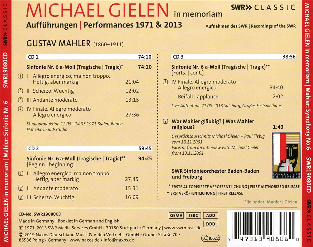 In Memoriam Michael Gielen: Gustav Mahler - Sinfonie Nr. 6 cover art