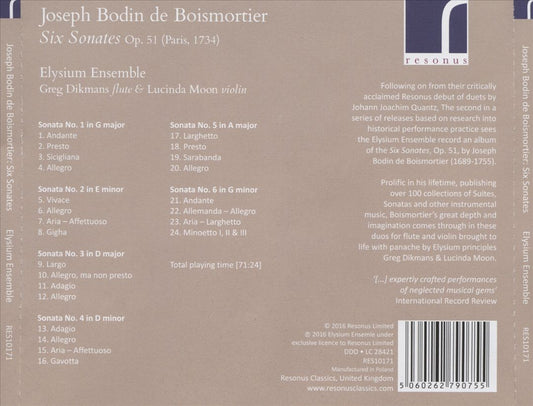 Joseph Bodin de Boismortier: Six Sonates, Op. 51 cover art