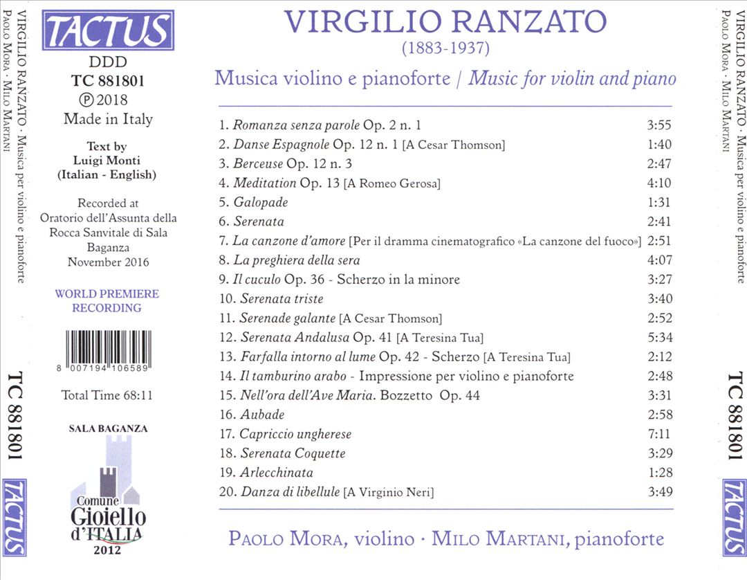 Virgilio Ranzato: Musica per violino e pianoforte cover art
