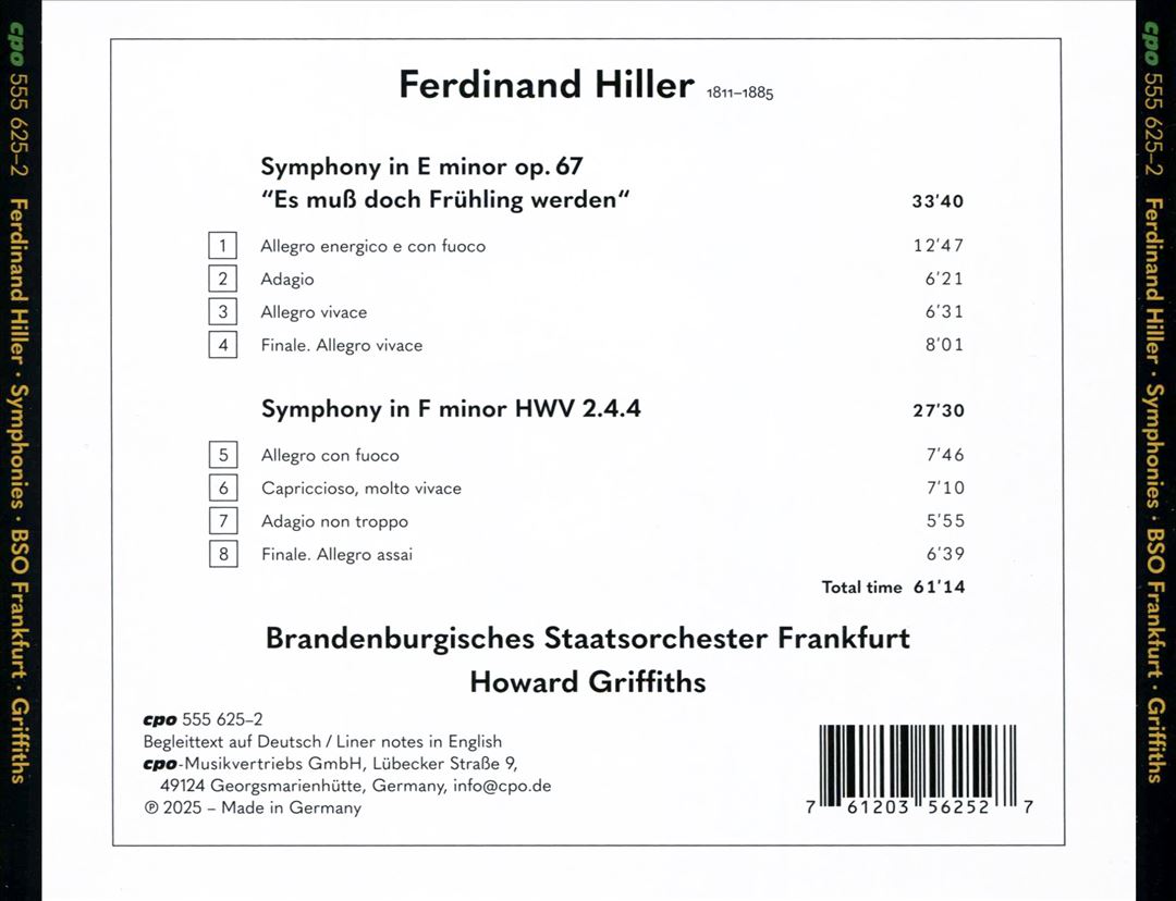 Ferdinand Hiller: Symphony Op. 67 "Es muß doch Frühling werden"; Symphony in F minor cover art