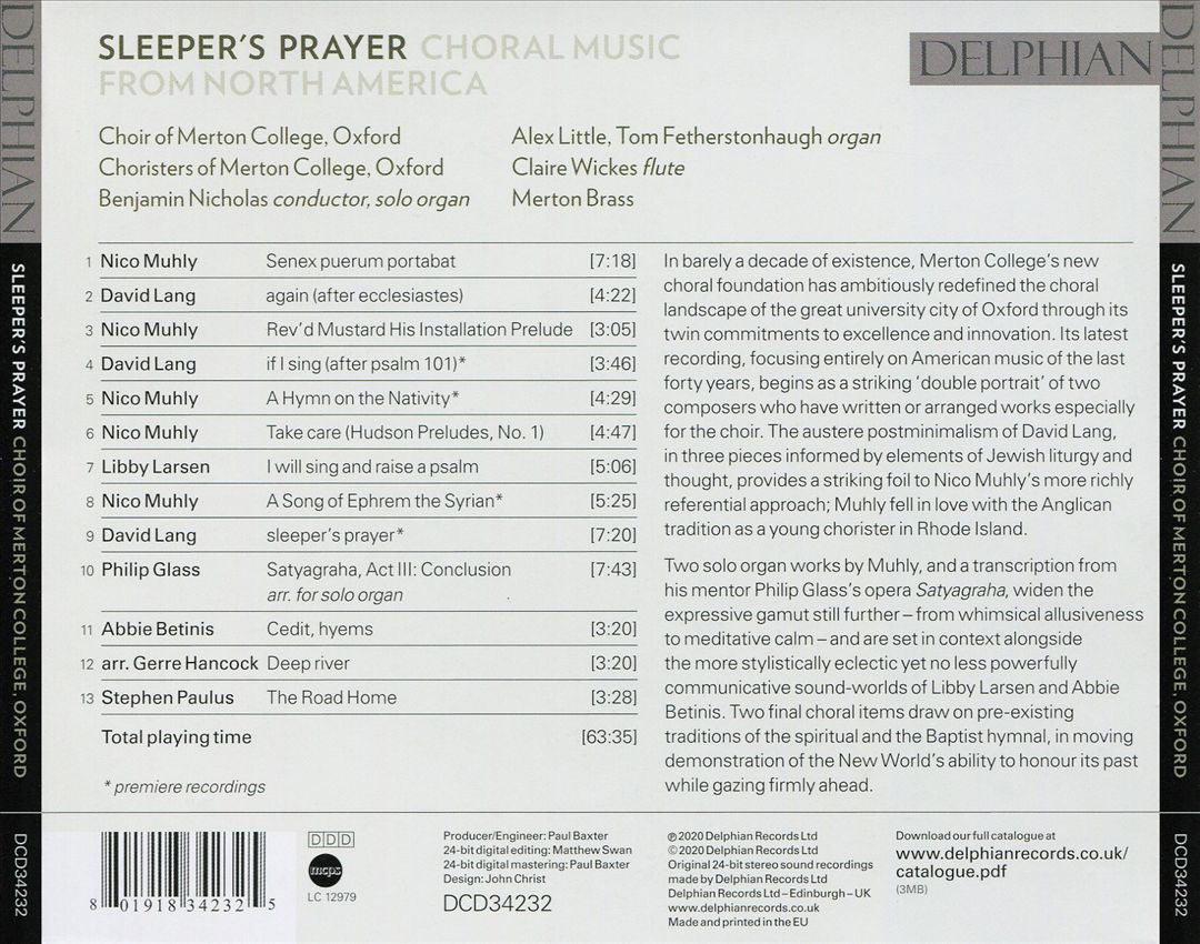 Sleeper's Prayer: Choral Music from North America cover art