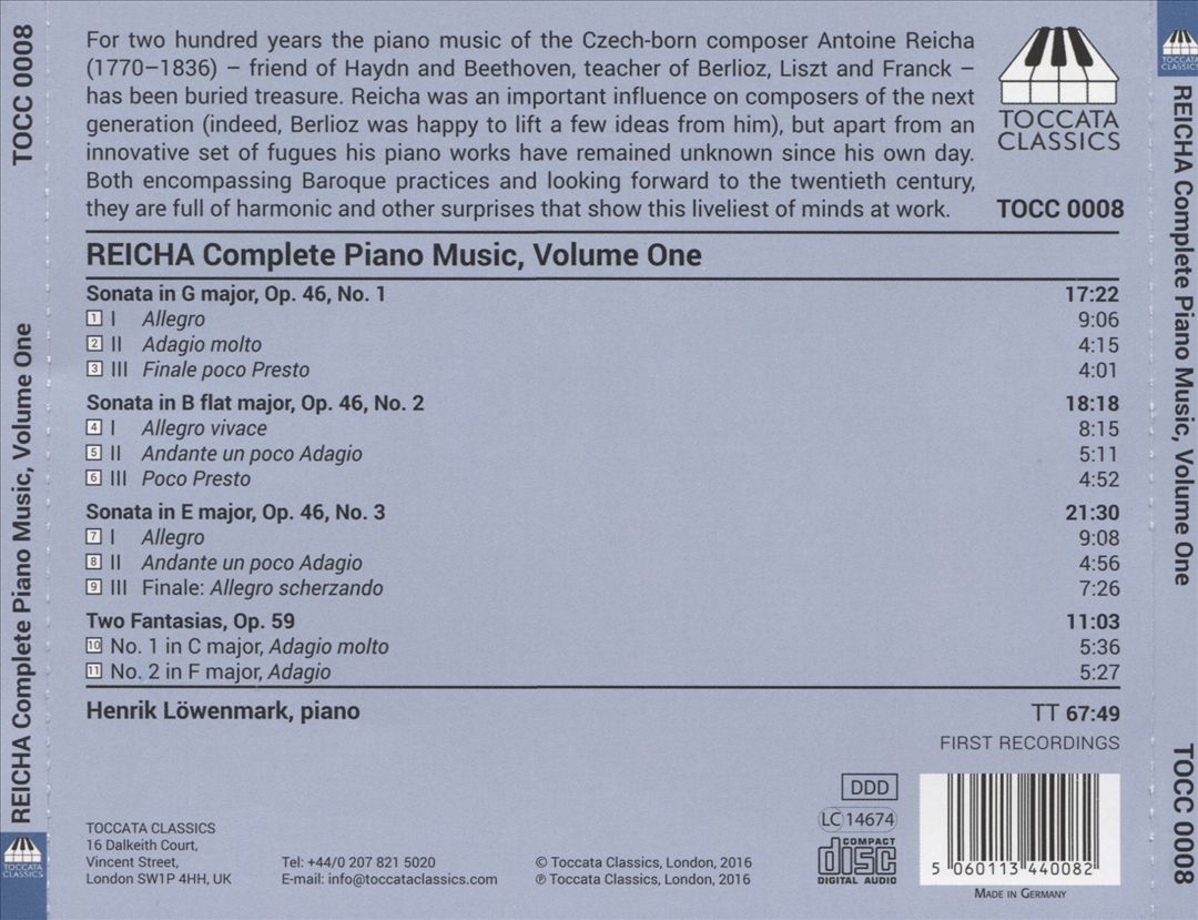 Antoine Reicha: Complete Piano Music, Vol. 1 - Three Sonatas, Op. 46; Two Fantasias, Op. 59 cover art
