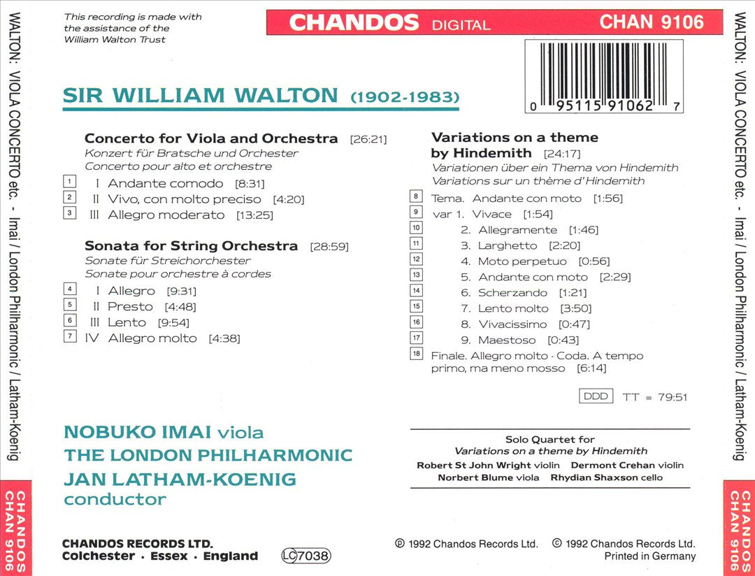 Walton: Viola Concerto, Sonata for String Orchestra; Hindemith Variations cover art