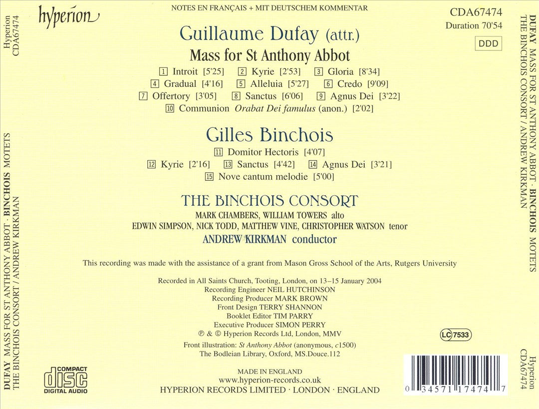 Dufay: Mass for St. Anthony Abbot; Binchois: Mass movements cover art