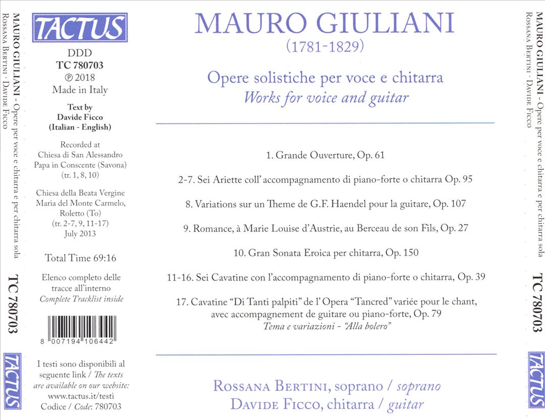 Mauro Giuliani: Opere solistiche per voce e chitarra cover art