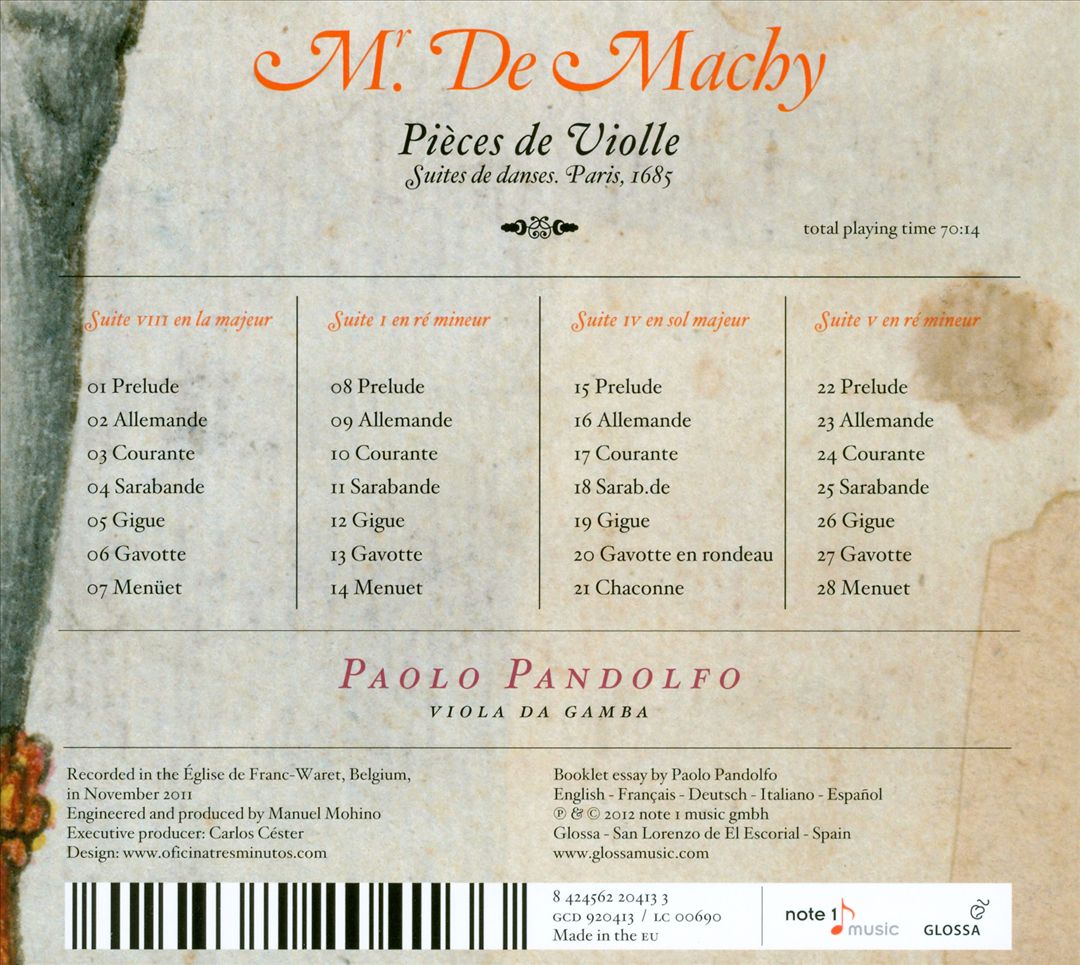 Mr. De Machy: Pièces de Violle - Suites de danses, Paris, 1685 cover art