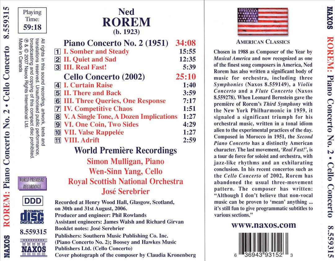 Ned Rorem: Piano Concerto No. 2; Cello Concerto cover art