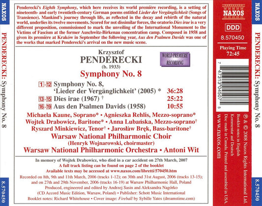 Penderecki: Symphony No. 8; Dies irae; Aus den Psalmen Davids cover art