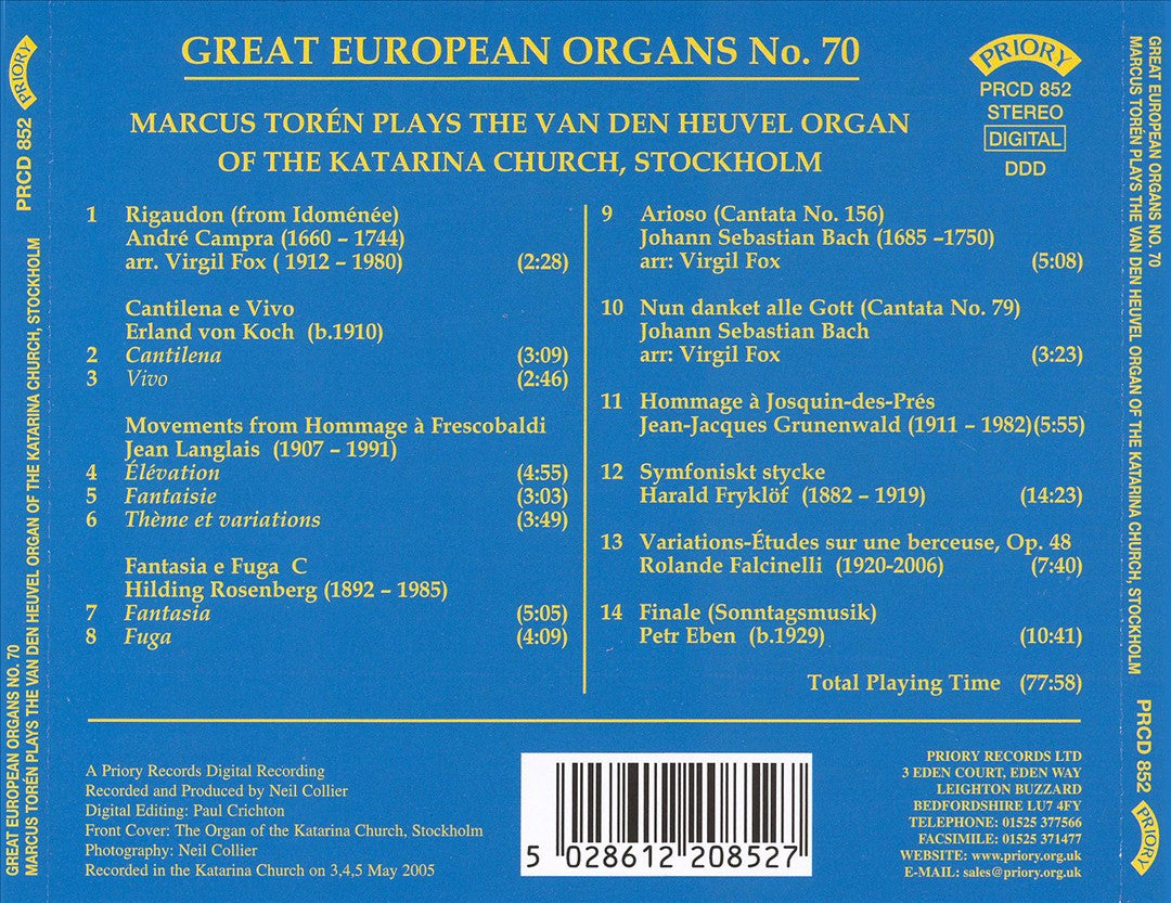Marcus Torén Plays the Vand Den Heuvel Organ of the Katarina Church, Stockholm cover art