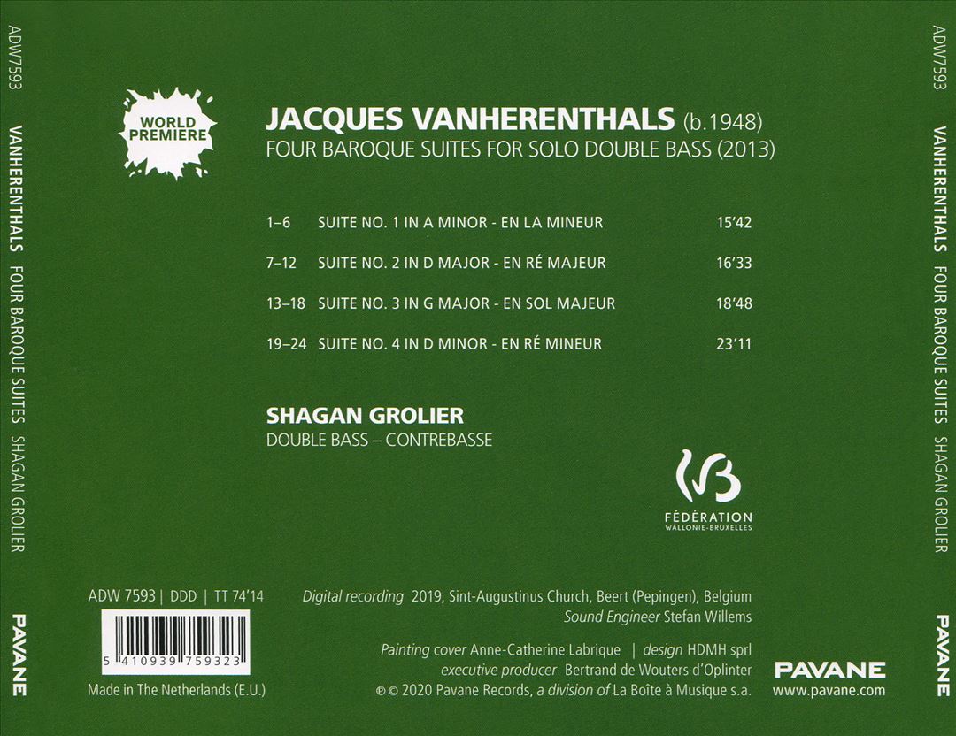 Jacques Vanherenthals: Four Baroque Suites for Solo Double Bass cover art