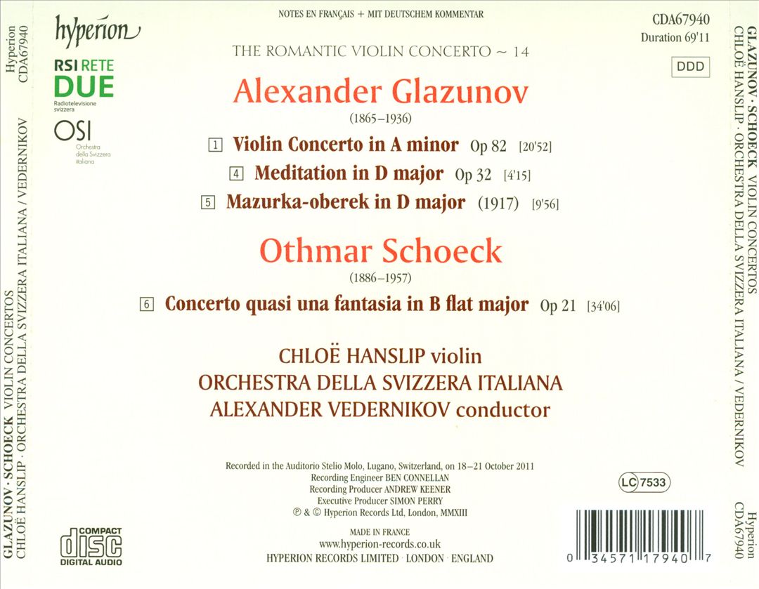 Romantic Violin Concerto, Vol. 14: Alexander Glazunov & Othmar Schoeck cover art