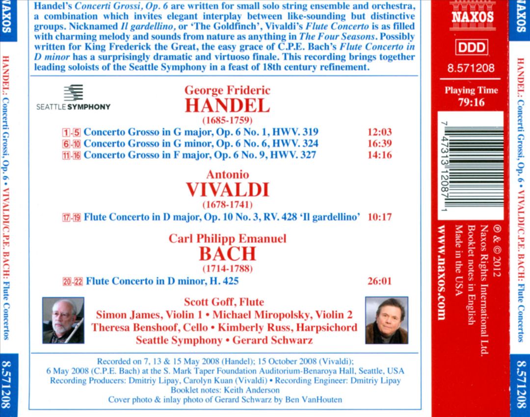 Handel: Concerto Grossi, Op. 6 Nos. 1, 6 & 9; Vivaldi: Flute Concerto 'Il Gardellino'; C.P.E. Bach: Flute Concerto in D cover art