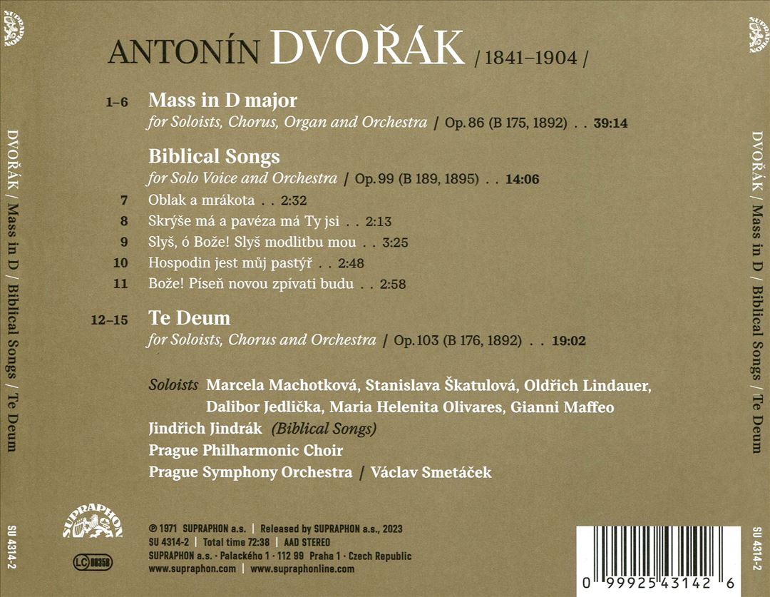 Dvorák: Mass in D major; Biblical Songs; Te Deum cover art