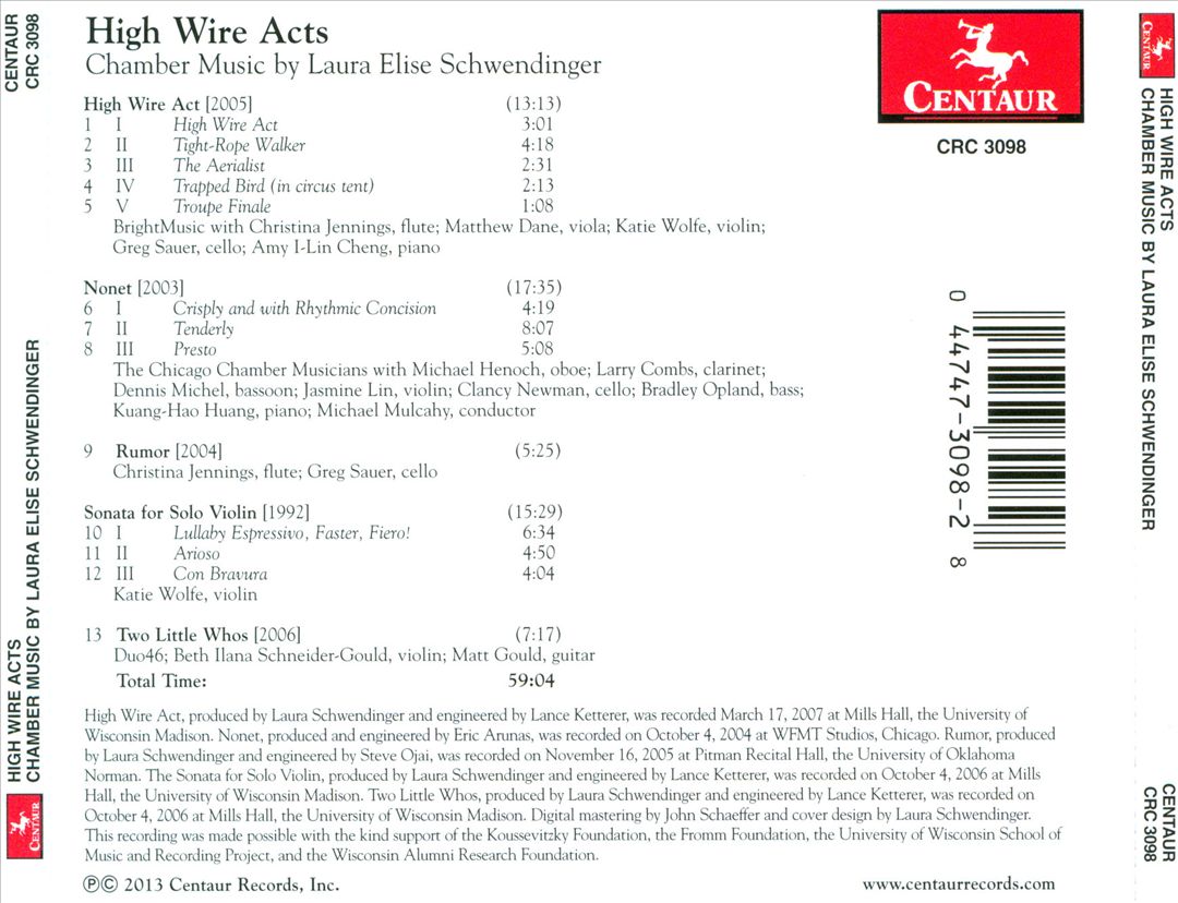High Wire Acts: Chamber Music by Laura Elise Schwendinger cover art