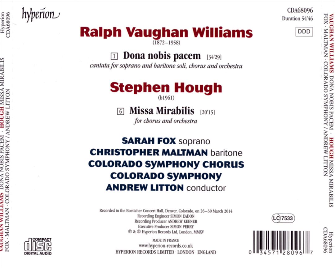 Vaughan Williams: Dona nobis pacem; Stephen Hough: Missa Mirabilis cover art