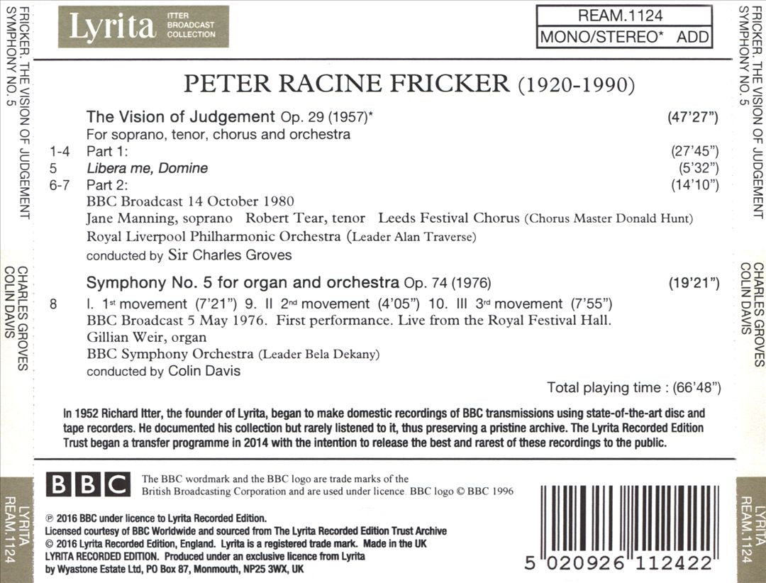 Peter Racine Fricker: The Vision of Judgement; Symphony No. 5 cover art