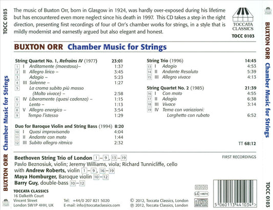 Buxton Orr: String Quartets Nos. 1&2; Duo for Baroque Violin and String Bass; String Trio cover art