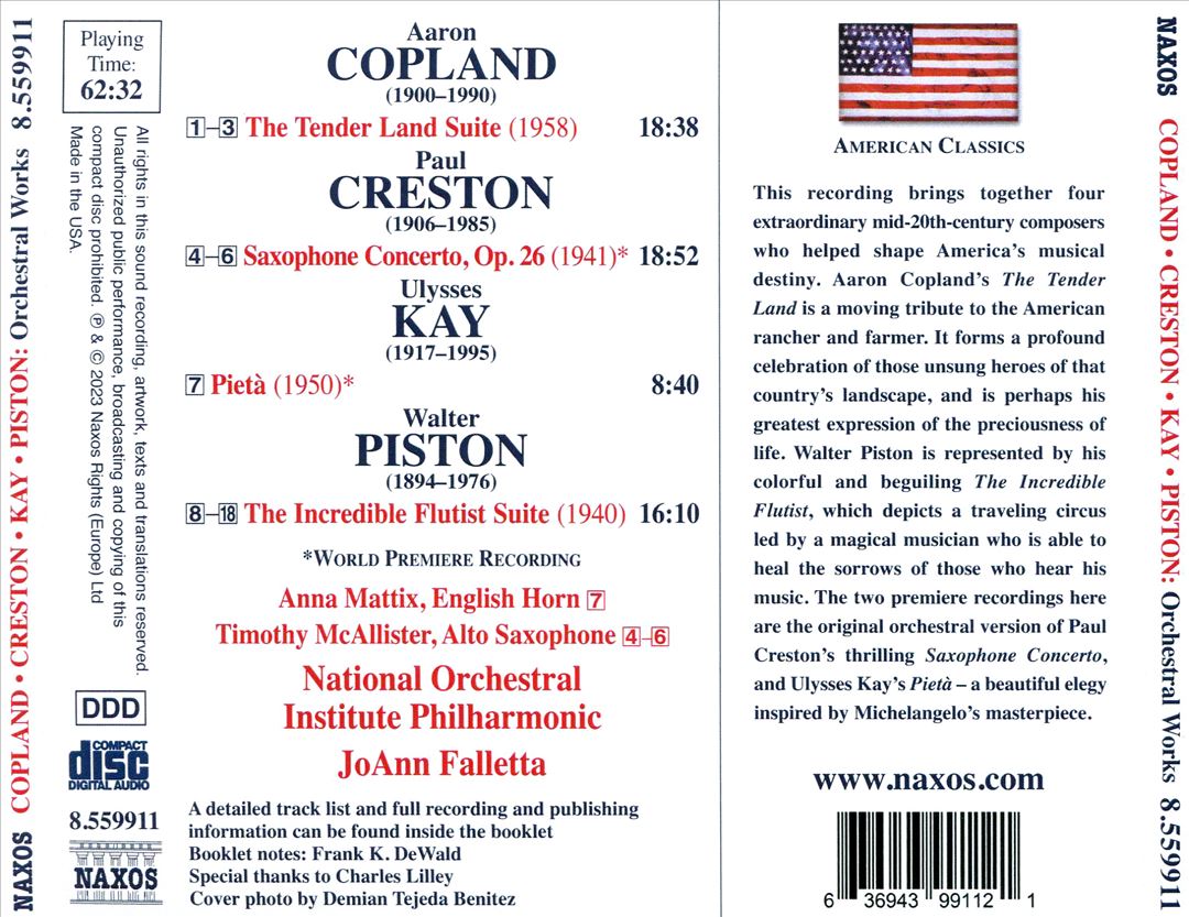 Copland: The Tender Land Suite; Creston: Saxophone Concerto; Kay: Pietà; Piston: The Incredible Flutist Suite cover art