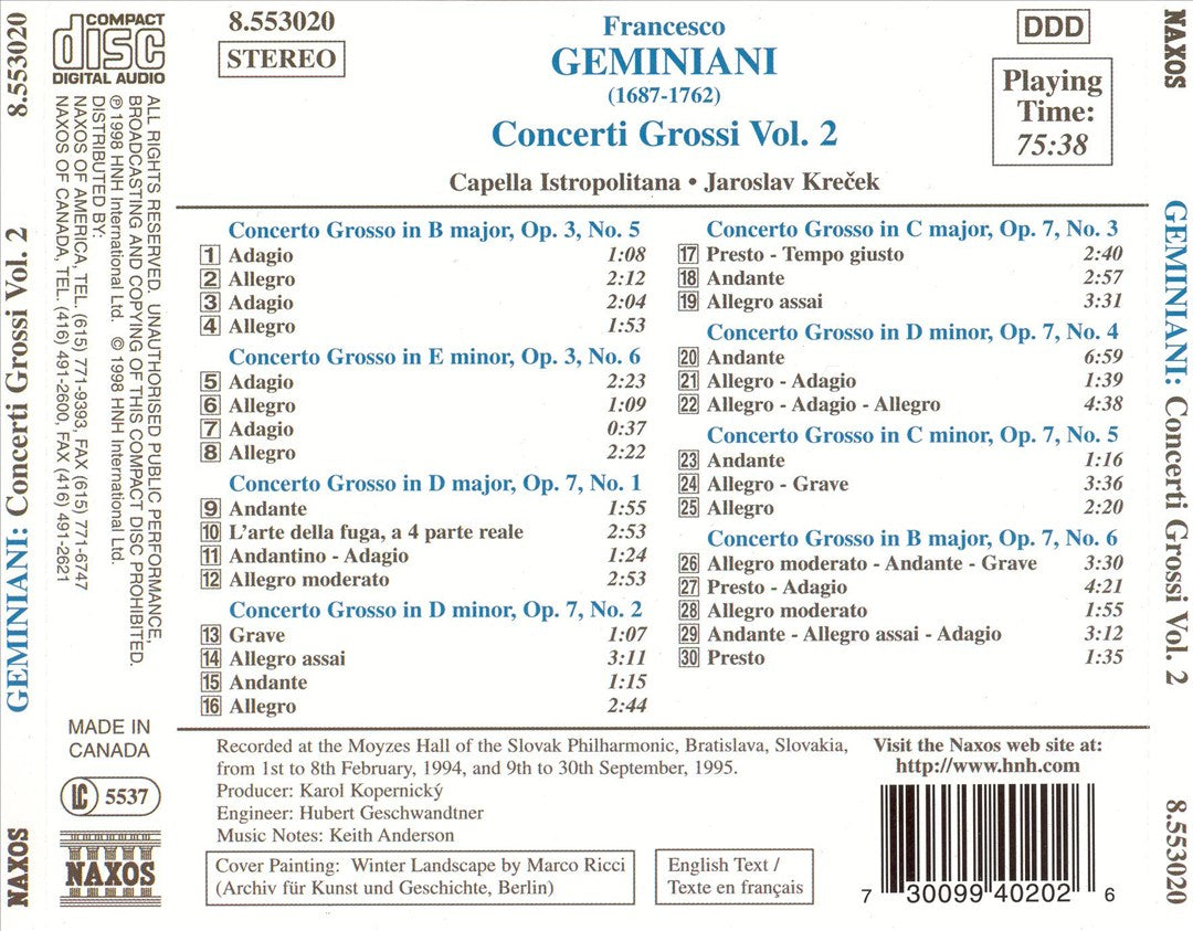 Geminiani: Concerti Grossi Op. 3 Nos. 5 & 6, Op. 7 Nos. 1-6 cover art